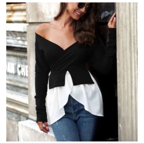 BLACK WITH WHITE CONTRAST OFF THE SHOULDER TOP - Picture 2 of 4